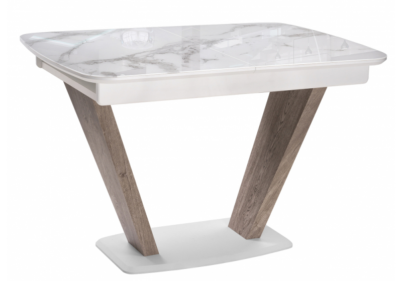 Стол стеклянный на тумбе Петир белая шагрень / дуб с пилением (80x77). 