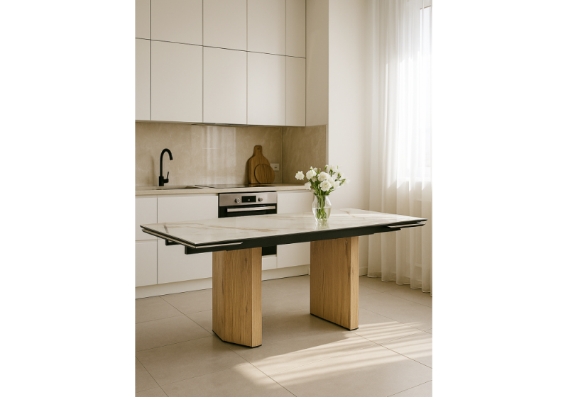 Керамический стол Монерон 180(240)x90 calacatta gold / дуб монтана (90x77)