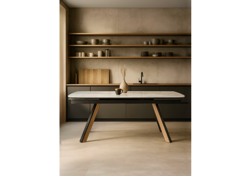 Керамический стол Симмонс 180(260)x90 statuario titan gloss / черный / орех дуб монтана (90x77)
