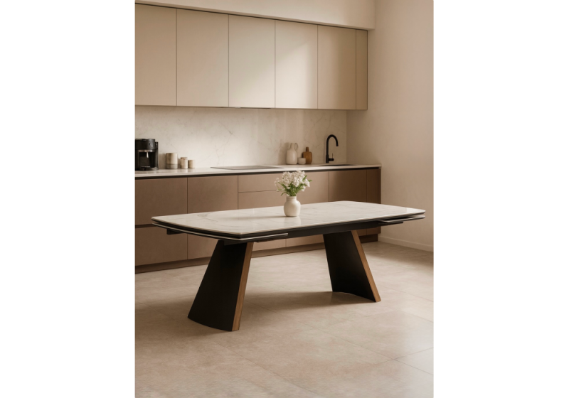 Керамический стол Симмонс 180(260)x90 statuario titan gloss / черный / орех дуб монтана (90x77)