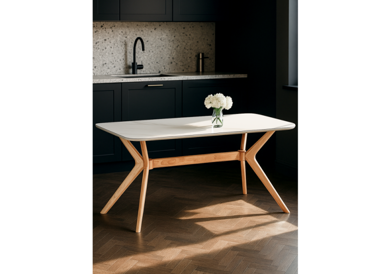 Керамический стол Unika 180x80 белый спеченный камень / светлое дерево (80x75,5)