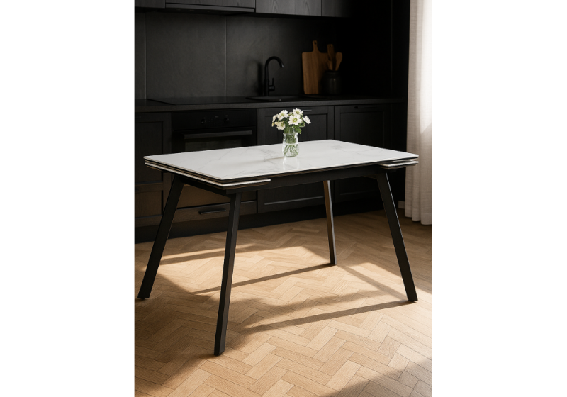Керамический стол Норман 140(200)х80х75 белый мрамор alpin white / черный (80x75)